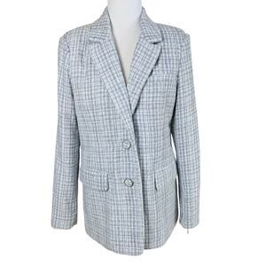 NEW Avec Les Filles Tweed Plaid Blazer Jacket Blue White Size M Career Preppy
